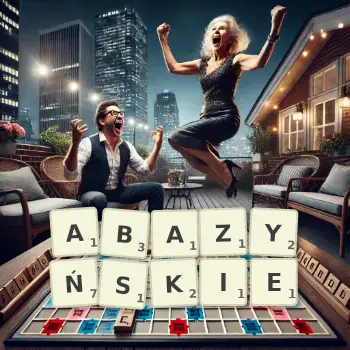 Kreatywna ilustracja do gry w Scrabble ze słowem ABAZYŃSKIE ułożonym z płytek na planszy.