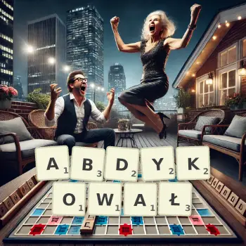 Kreatywna ilustracja do gry w Scrabble ze słowem ABDYKOWAŁ ułożonym z płytek na planszy.