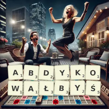 Kreatywna ilustracja do gry w Scrabble ze słowem ABDYKOWAŁBYŚ ułożonym z płytek na planszy.