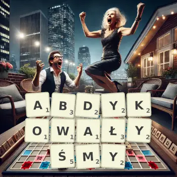 Kreatywna ilustracja do gry w Scrabble ze słowem ABDYKOWAŁYŚMY ułożonym z płytek na planszy.