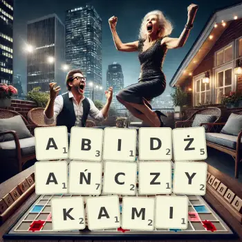 Kreatywna ilustracja do gry w Scrabble ze słowem ABIDŻAŃCZYKAMI ułożonym z płytek na planszy.