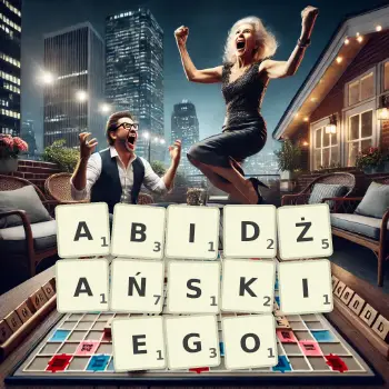 Kreatywna ilustracja do gry w Scrabble ze słowem ABIDŻAŃSKIEGO ułożonym z płytek na planszy.