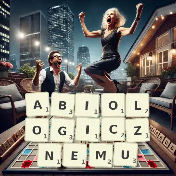 Kreatywna ilustracja do gry w Scrabble ze słowem ABIOLOGICZNEMU ułożonym z płytek na planszy.