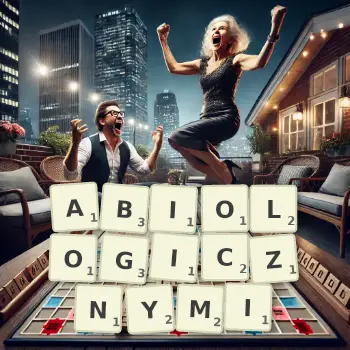 Kreatywna ilustracja do gry w Scrabble ze słowem ABIOLOGICZNYMI ułożonym z płytek na planszy.
