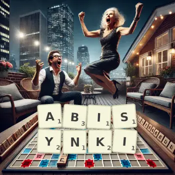 Kreatywna ilustracja do gry w Scrabble ze słowem ABISYNKI ułożonym z płytek na planszy.