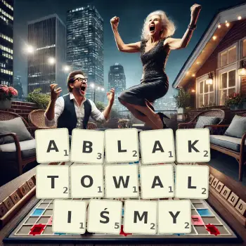Kreatywna ilustracja do gry w Scrabble ze słowem ABLAKTOWALIŚMY ułożonym z płytek na planszy.