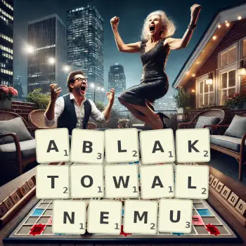 Kreatywna ilustracja do gry w Scrabble ze słowem ABLAKTOWALNEMU ułożonym z płytek na planszy.