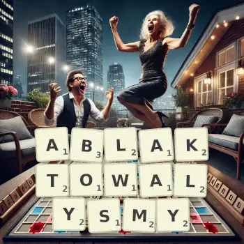 Kreatywna ilustracja do gry w Scrabble ze słowem ABLAKTOWALYSMY ułożonym z płytek na planszy.