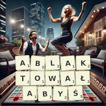Kreatywna ilustracja do gry w Scrabble ze słowem ABLAKTOWAŁABYŚ ułożonym z płytek na planszy.