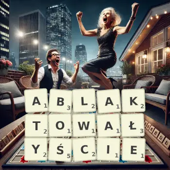 Kreatywna ilustracja do gry w Scrabble ze słowem ABLAKTOWAŁYŚCIE ułożonym z płytek na planszy.