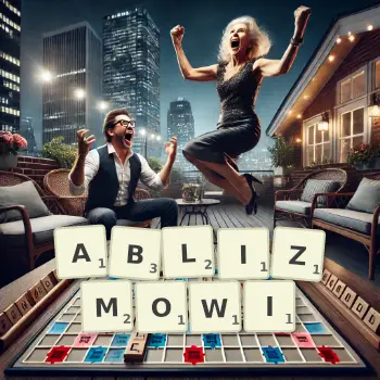 Kreatywna ilustracja do gry w Scrabble ze słowem ABLIZMOWI ułożonym z płytek na planszy.