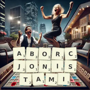 Kreatywna ilustracja do gry w Scrabble ze słowem ABORCJONISTAMI ułożonym z płytek na planszy.