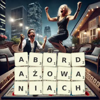 Kreatywna ilustracja do gry w Scrabble ze słowem ABORDAŻOWANIACH ułożonym z płytek na planszy.