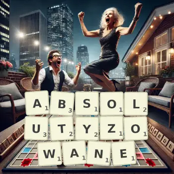 Kreatywna ilustracja do gry w Scrabble ze słowem ABSOLUTYZOWANE ułożonym z płytek na planszy.