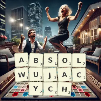 Kreatywna ilustracja do gry w Scrabble ze słowem ABSOLWUJACYCH ułożonym z płytek na planszy.