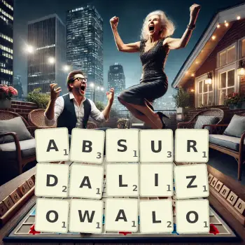 Kreatywna ilustracja do gry w Scrabble ze słowem ABSURDALIZOWALO ułożonym z płytek na planszy.