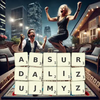 Kreatywna ilustracja do gry w Scrabble ze słowem ABSURDALIZUJMYZ ułożonym z płytek na planszy.