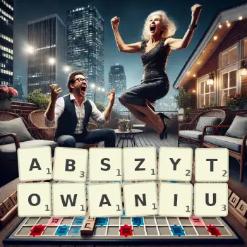Kreatywna ilustracja do gry w Scrabble ze słowem ABSZYTOWANIU ułożonym z płytek na planszy.