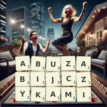 Kreatywna ilustracja do gry w Scrabble ze słowem ABUZABIJCZYKAMI ułożonym z płytek na planszy.