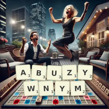 Kreatywna ilustracja do gry w Scrabble ze słowem ABUZYWNYM ułożonym z płytek na planszy.