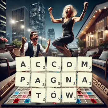 Kreatywna ilustracja do gry w Scrabble ze słowem ACCOMPAGNATÓW ułożonym z płytek na planszy.
