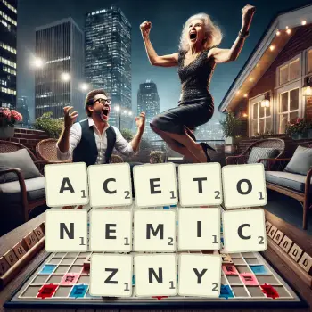 Kreatywna ilustracja do gry w Scrabble ze słowem ACETONEMICZNY ułożonym z płytek na planszy.