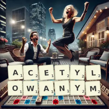 Kreatywna ilustracja do gry w Scrabble ze słowem ACETYLOWANYM ułożonym z płytek na planszy.