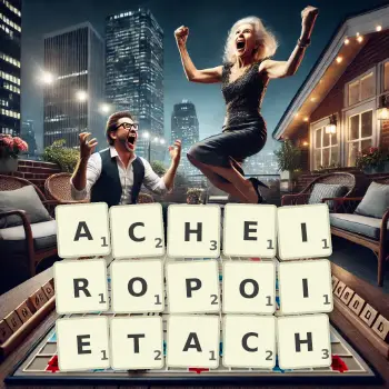 Kreatywna ilustracja do gry w Scrabble ze słowem ACHEIROPOIETACH ułożonym z płytek na planszy.