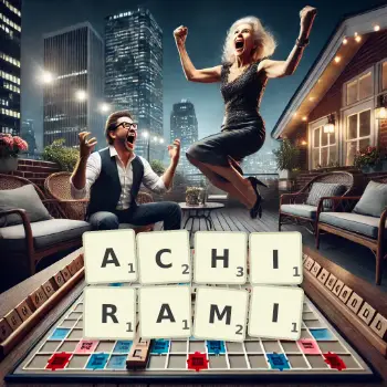Kreatywna ilustracja do gry w Scrabble ze słowem ACHIRAMI ułożonym z płytek na planszy.