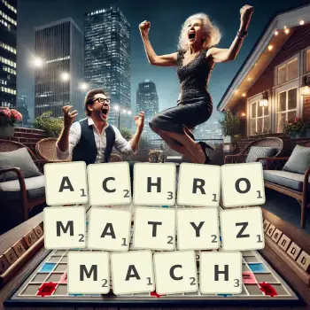 Kreatywna ilustracja do gry w Scrabble ze słowem ACHROMATYZMACH ułożonym z płytek na planszy.