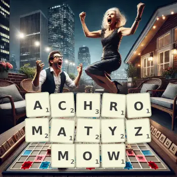 Kreatywna ilustracja do gry w Scrabble ze słowem ACHROMATYZMOW ułożonym z płytek na planszy.