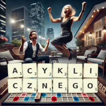 Kreatywna ilustracja do gry w Scrabble ze słowem ACYKLICZNEGO ułożonym z płytek na planszy.