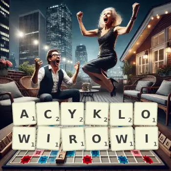 Kreatywna ilustracja do gry w Scrabble ze słowem ACYKLOWIROWI ułożonym z płytek na planszy.