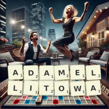 Kreatywna ilustracja do gry w Scrabble ze słowem ADAMELLITOWA ułożonym z płytek na planszy.