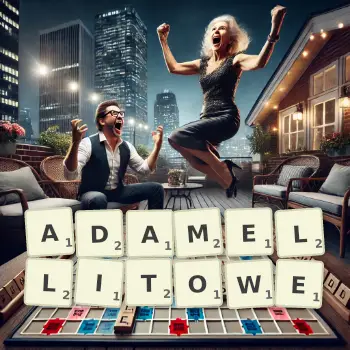 Kreatywna ilustracja do gry w Scrabble ze słowem ADAMELLITOWE ułożonym z płytek na planszy.