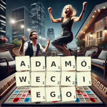 Kreatywna ilustracja do gry w Scrabble ze słowem ADAMÓWECKIEGO ułożonym z płytek na planszy.