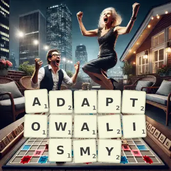 Kreatywna ilustracja do gry w Scrabble ze słowem ADAPTOWALISMY ułożonym z płytek na planszy.