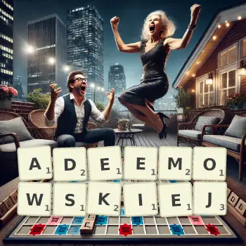Kreatywna ilustracja do gry w Scrabble ze słowem ADEEMOWSKIEJ ułożonym z płytek na planszy.
