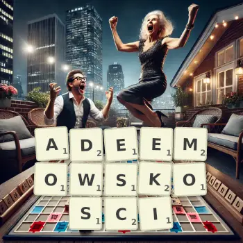 Kreatywna ilustracja do gry w Scrabble ze słowem ADEEMOWSKOSCI ułożonym z płytek na planszy.