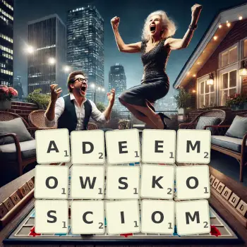 Kreatywna ilustracja do gry w Scrabble ze słowem ADEEMOWSKOSCIOM ułożonym z płytek na planszy.