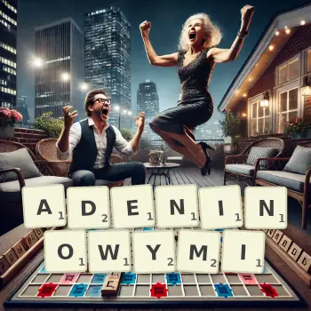 Kreatywna ilustracja do gry w Scrabble ze słowem ADENINOWYMI ułożonym z płytek na planszy.