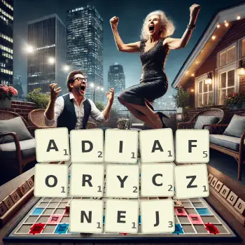 Kreatywna ilustracja do gry w Scrabble ze słowem ADIAFORYCZNEJ ułożonym z płytek na planszy.