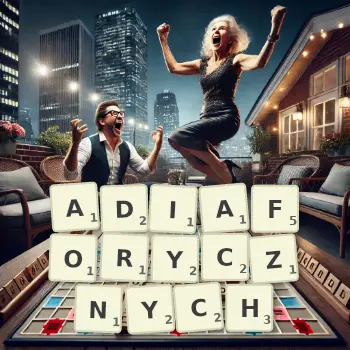 Kreatywna ilustracja do gry w Scrabble ze słowem ADIAFORYCZNYCH ułożonym z płytek na planszy.