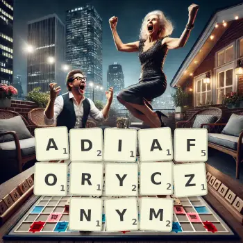 Kreatywna ilustracja do gry w Scrabble ze słowem ADIAFORYCZNYM ułożonym z płytek na planszy.