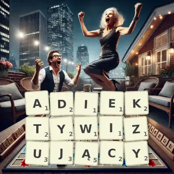 Kreatywna ilustracja do gry w Scrabble ze słowem ADIEKTYWIZUJĄCY ułożonym z płytek na planszy.