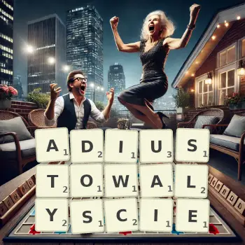 Kreatywna ilustracja do gry w Scrabble ze słowem ADIUSTOWALYSCIE ułożonym z płytek na planszy.