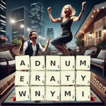 Kreatywna ilustracja do gry w Scrabble ze słowem ADNUMERATYWNYMI ułożonym z płytek na planszy.