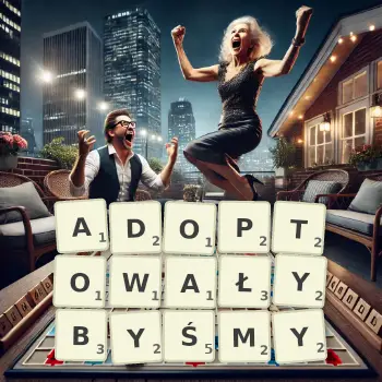 Kreatywna ilustracja do gry w Scrabble ze słowem ADOPTOWAŁYBYŚMY ułożonym z płytek na planszy.