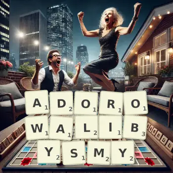 Kreatywna ilustracja do gry w Scrabble ze słowem ADOROWALIBYSMY ułożonym z płytek na planszy.