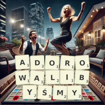 Kreatywna ilustracja do gry w Scrabble ze słowem ADOROWALIBYŚMY ułożonym z płytek na planszy.